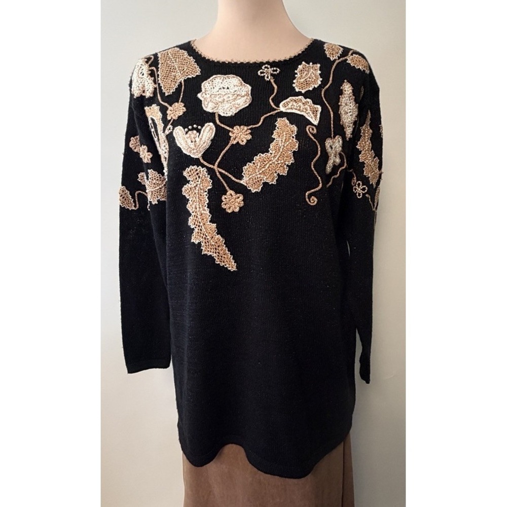 Vintage Women Sweater Embroidered Pearl Black Gold Metallic Large Leaves Holiday